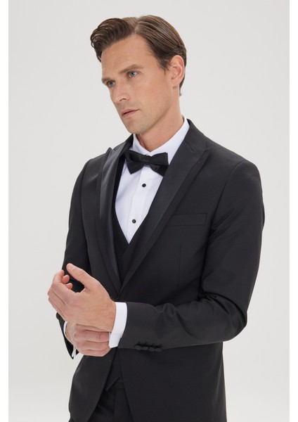 Slim Fit Dar Kesim Kırlangıç Yaka Yünlü Yelekli Smokin Takım modelleri