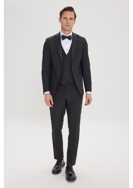 Slim Fit Dar Kesim Kırlangıç Yaka Yünlü Yelekli Smokin Takım fırsatları