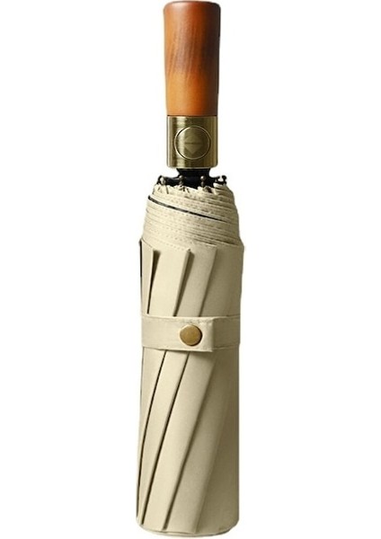 Hyt-Katlanır 10 Kaburgalı Otomatik Şemsiye Masif Ahşap Saplı Şemsiye-Haki (Yurt Dışından)