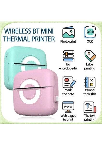 Mini Cep Termal Yazıcı Pembe, 3adet Beyaz, 3adet Renkli Sticker, 3adet Renkli Rulo Hediiye