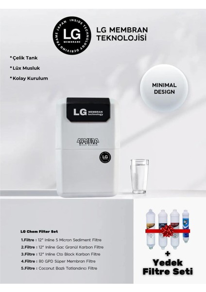 LG CHEM Çelik Tanklı Ph Alkali Ekstra Mineralli Premium Pompalı Su Arıtma Cihazı + Yedek Filtre Set