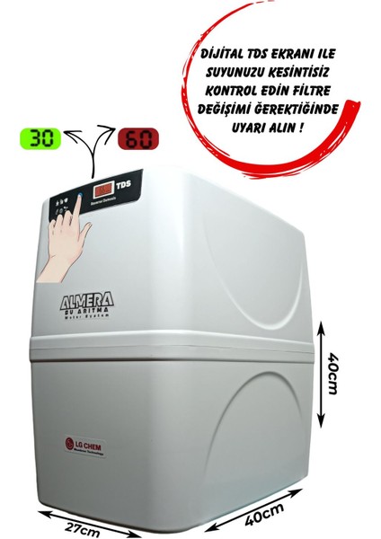 Pompalı Dijital Tds Ekranlı Ekstra Mineralli Çelik Tanklı Su Arıtma Cihazı +Lg Chem Yedek Filtre Set