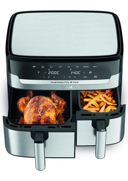 Izgara ,Pişirme, Kızarma Çift Hazneli İkili Pişirici 8,3 Litre XXL İki Sepetli Yağsız Havalı Airfryer & Fritöz Pişirme kağıdı hediyeli