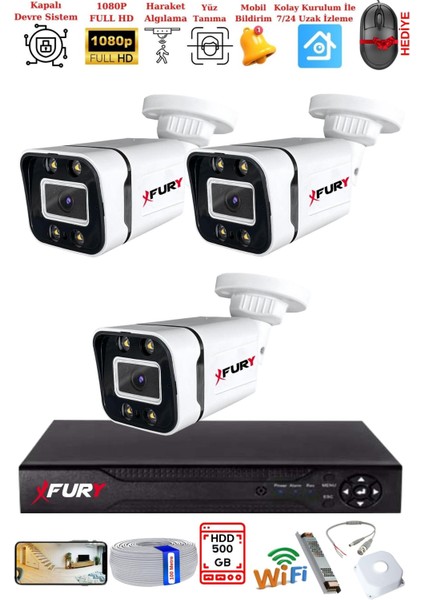 3 Kameralı 1080P Görüntü Gece Renkli Full Hd 4 x Ultra LED Gece Renkli Güvenlik Kamerası Seti 500 GB fiyatları