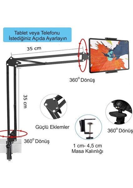 Esnek Metal Uzun Kollu Telefon Tablet Tutucu Teleskopik 360 Derece Hareketli