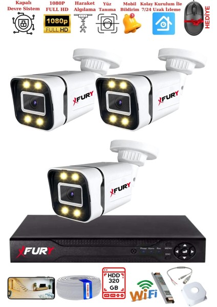 3 Kameralı 1080P Görüntü Gece Renkli Full Hd 4 x Ultra LED Gece Renkli Güvenlik Kamerası Seti 320 GB