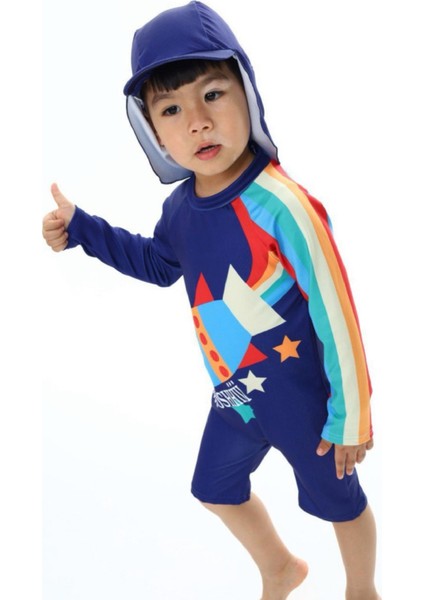 Yeni Sezon Renkli Roket Desenli Kareoka Dikişli Uzun Kollu Alt Paraşüt Şort Uv Korumalı Mayo Takımı