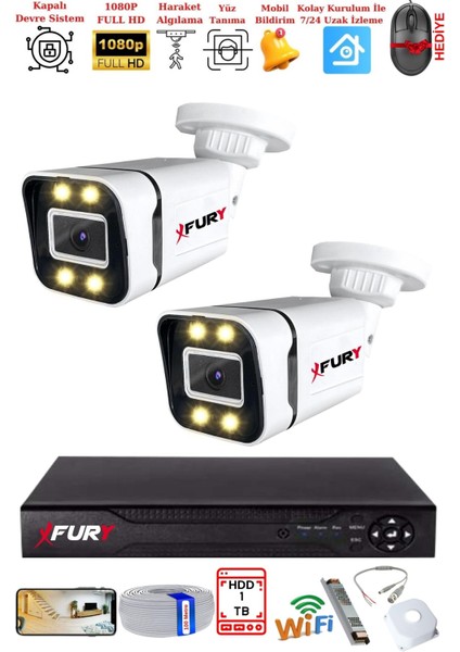 2 Kameralı 1080P Görüntü Gece Renkli Full Hd 4 x Ultra LED Gece Renkli Güvenlik Kamerası Seti 1 Tb