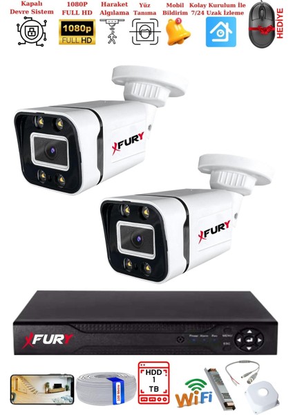 2 Kameralı 1080P Görüntü Gece Renkli Full Hd 4 x Ultra LED Gece Renkli Güvenlik Kamerası Seti 1 Tb