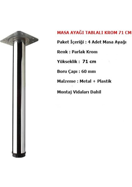 4 Adet Masa Ayağı 71 Cm Ayarlı Krom Mobilya Ayak Çap : 60 mm