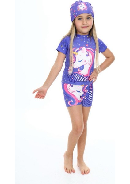 Yeni Sezon Unicorn Desenli Uv Korumalı Üç Parça Kız Çocuk Boneli Mayo Kız Çocuk Tankini-Mayo modelleri