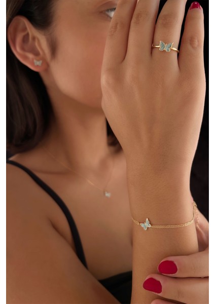 14 Ayar Altın Mavi Mineli Kelebek Set