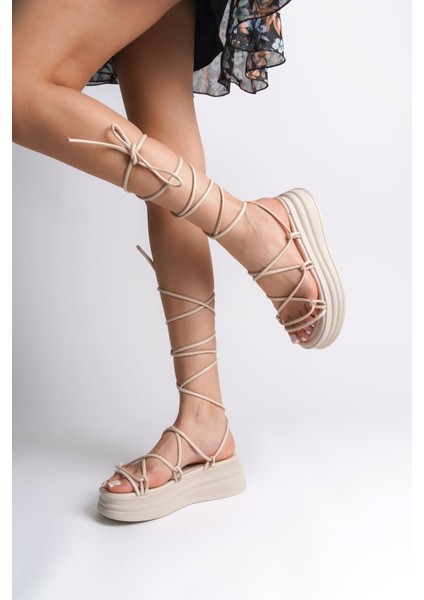 SAMANTHA Bilekten Bağlamalı Ortopedik Taban Kadın Terlik KT Krem modelleri