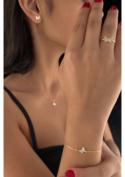 14 Ayar Altın Beyaz Mineli Kelebek Set