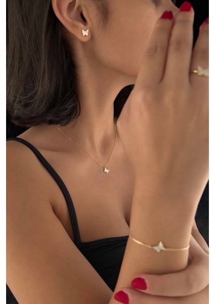 14 Ayar Altın Beyaz Mineli Kelebek Set fiyatları