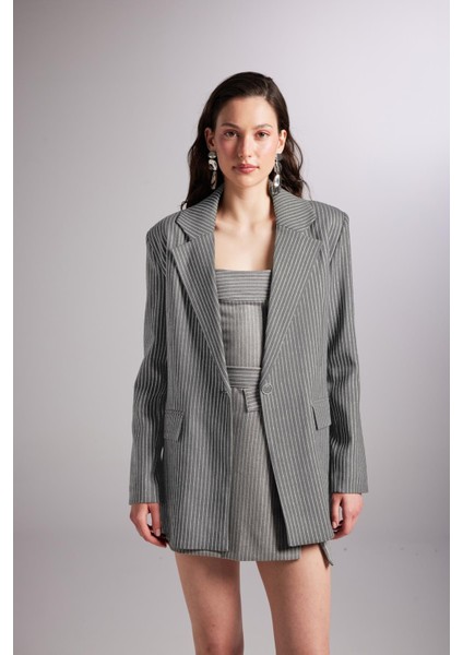 Oversize Kesim Simli Çizgili Eden blazer ceket Gri fiyatları