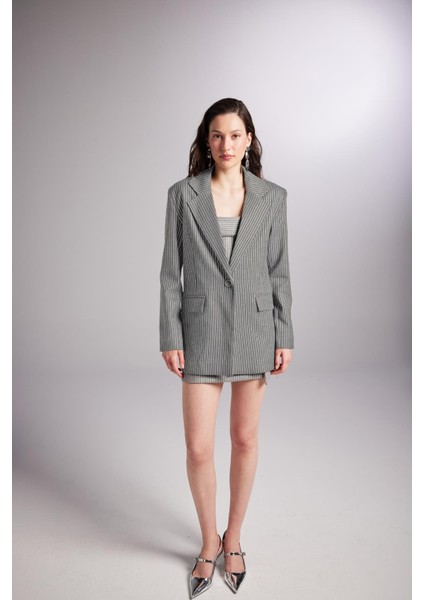 Oversize Kesim Simli Çizgili Eden blazer ceket Gri fırsatları
