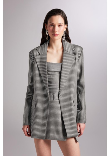 Oversize Kesim Simli Çizgili Eden blazer ceket Gri indirimleri