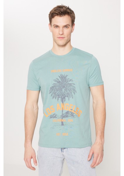 Erkek MINT YESIL Standart Fit Normal Kesim %100 Pamuk Bisiklet Yaka Tişört