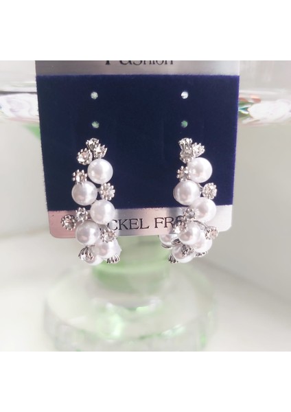 Kristal Taşlı ve Incili Silver Renkli Halka Küpe
