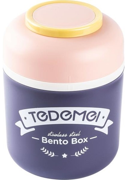 Tedemeı Pembe Paslanmaz Çelik Yuvarlak Kaşıklı Yemek Taşıma Kabı 780ML