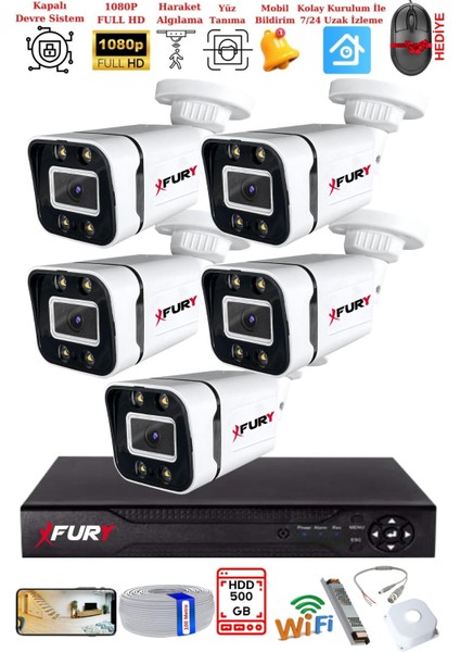 5 Kameralı 1080P Görüntü Gece Renkli Full Hd 4 x Ultra LED Gece Renkli Güvenlik Kamerası Seti 500 GB