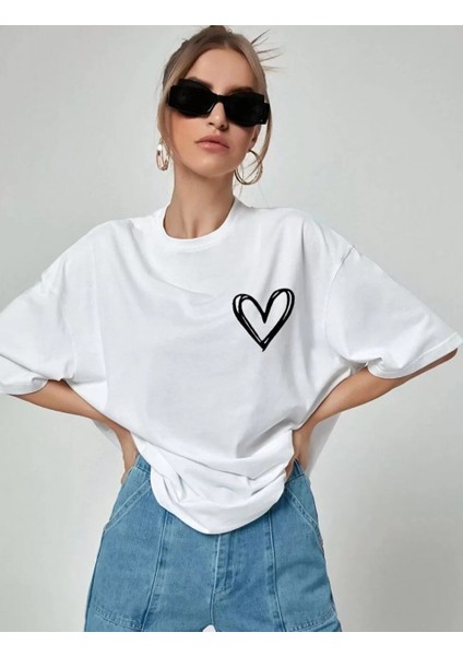 Baskılı Oversize T-Shirt Beyaz