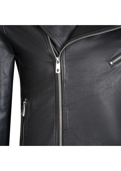 Santo Siyah Erkek Deri Biker Ceket