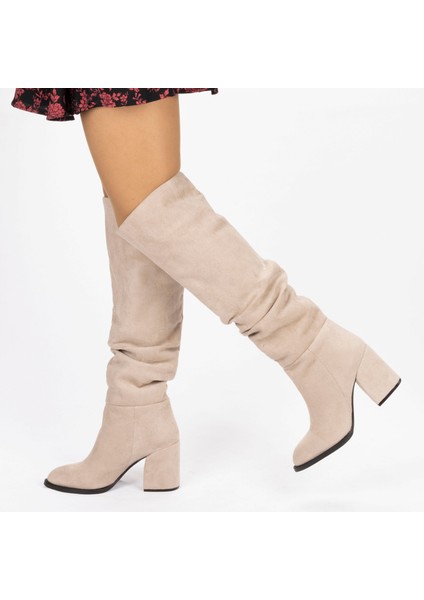 Kadın Sivri Burunlu Kalın Topuklu Körüklü Diz Altı Çizme modelleri