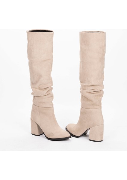 Kadın Sivri Burunlu Kalın Topuklu Körüklü Diz Altı Çizme