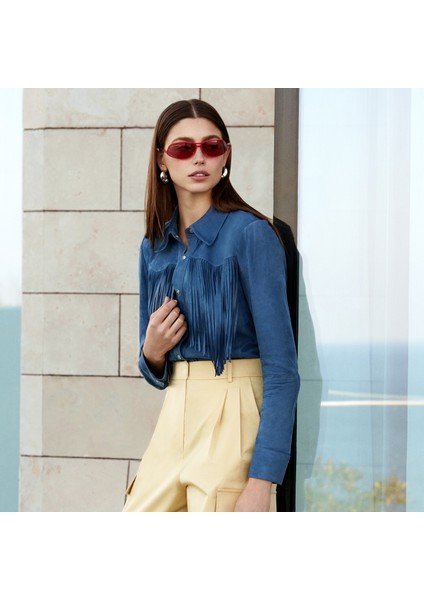Breahne Mavi Kadın Püsküllü Western Deri Ceket