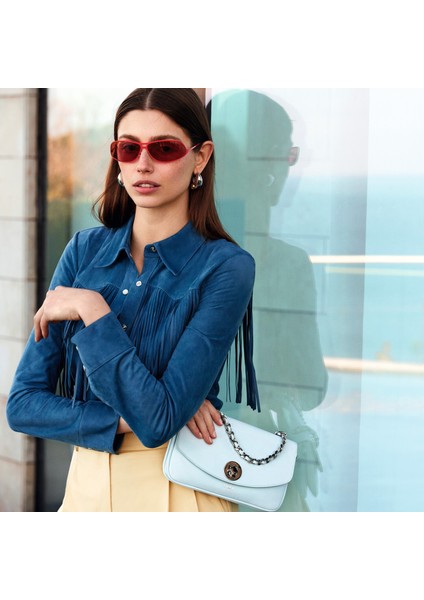 Breahne Mavi Kadın Püsküllü Western Deri Ceket fiyatları