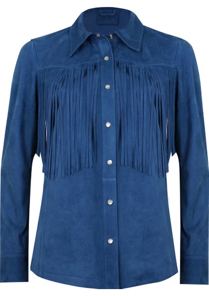 Breahne Mavi Kadın Püsküllü Western Deri Ceket modelleri