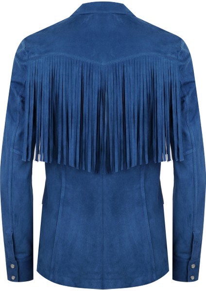 Breahne Mavi Kadın Püsküllü Western Deri Ceket fırsatları