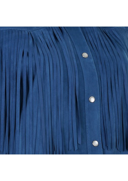 Breahne Mavi Kadın Püsküllü Western Deri Ceket indirimleri