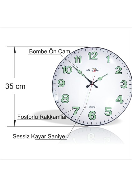 Yansıma Yapmayan Mat Beyaz Zemin Sessiz Kayar Saniye Fosforlu Gece Görünen 35 cm Camlı Duvar Saati fırsatları