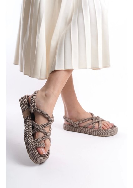 Milena Kauçuk Tabanlı Kadın Halat Vizon Sandalet