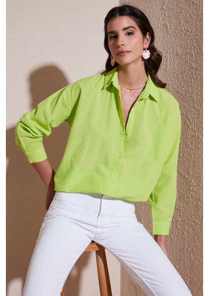 Keten Görünümlü % 100 Pamuk Relaxed Fit Gömlek Bayan Gömlek 51444624
