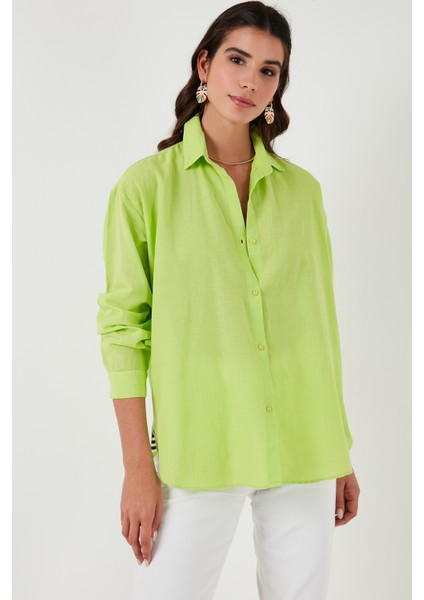 Keten Görünümlü % 100 Pamuk Relaxed Fit Gömlek Bayan Gömlek 51444624 fırsatları