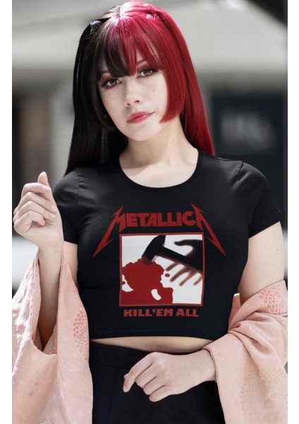 Metallica Kill'em All Baskılı Crop Top, Kadın Rock Temalı Crop Bluz