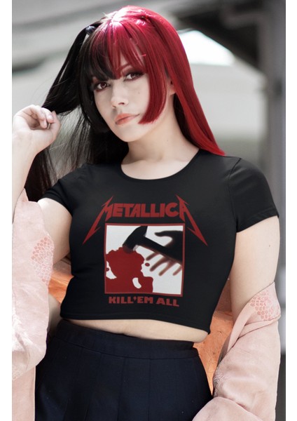Metallica Kill'em All Baskılı Crop Top, Kadın Rock Temalı Crop Bluz