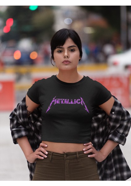 Mor Metallica Yazılı Crop Top, Metallica Baskılı Siyah Crop Bluz