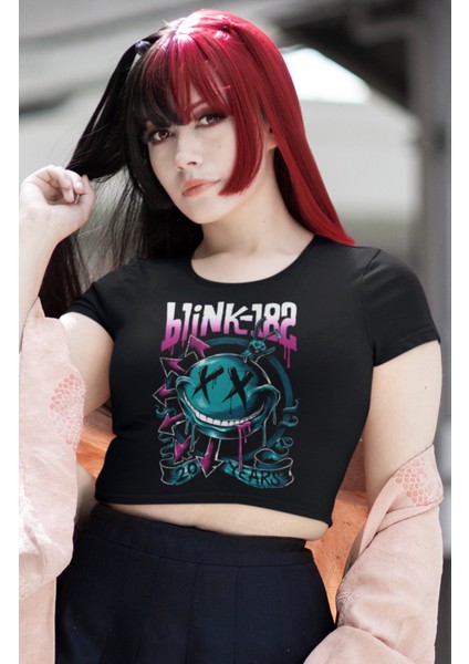 BLINK-182 Baskılı Crop Top, Kadın Rock Temalı Crop Bluz