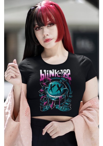 BLINK-182 Baskılı Crop Top, Kadın Rock Temalı Crop Bluz