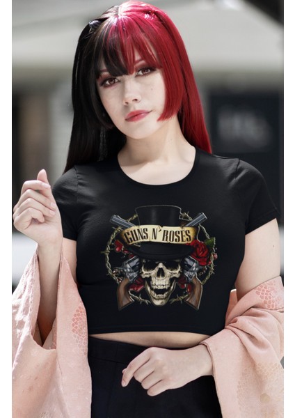 Guns N'roses Baskılı Crop Top, Kadın Rock Temalı Crop Bluz
