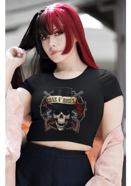 Guns N'roses Baskılı Crop Top, Kadın Rock Temalı Crop Bluz