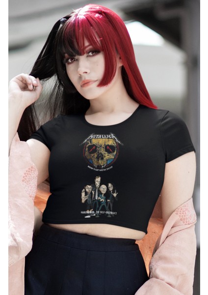 Metallica Now That We're Dead Baskılı Crop Top, Kadın Rock Temalı Crop Bluz