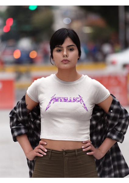 Mor Metallica Yazılı Crop Top, Metallica Baskılı Siyah Crop Bluz