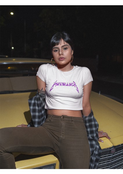Mor Metallica Yazılı Crop Top, Metallica Baskılı Siyah Crop Bluz modelleri