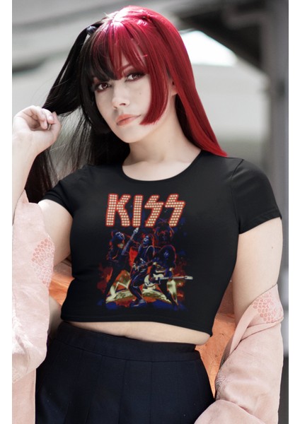 Kiss Baskılı Crop Top, Kadın Rock Temalı Crop Bluz